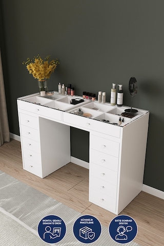 Df02116b Beyaz Geniş Organizer Bölmeli Çekmeceli Makyaj Masası 120 Cm Beyaz