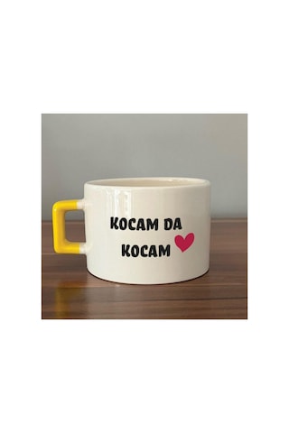 Kocam Da Kocam Baskılı Sarı Kulplu Kare Kupa - Sevgililer Günü Hediyesi Bardak Fincan Mug Sarı Kulp