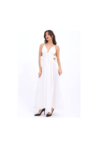 Fashion Cocktail İp Bağlama Askılı Yan Dekolteli Bağcık Fiyonk Pamuklu Maxi Uzun Tatil Beach Yazlık Elbise Beyaz