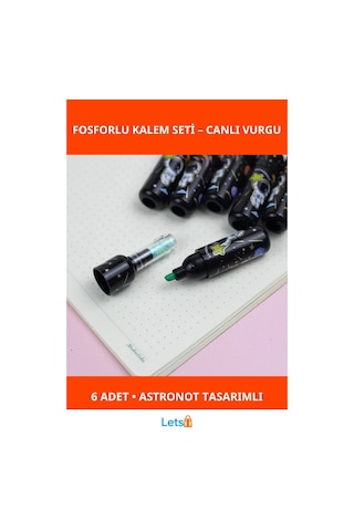 Astronot Desenli Fosforlu Kalem Seti 6 Adet Çok Renkli