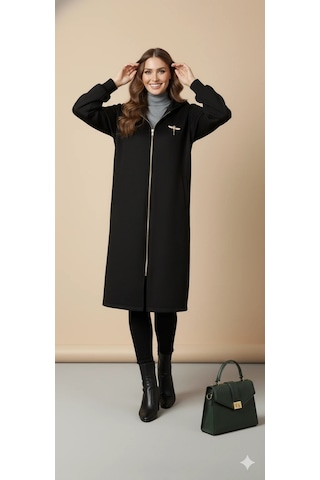 Kadın Gri Kapüşonlu Balon Kol Fermuarlı Kaban Oversize Midi Boy Kışlık Kaşe Mont Siyah