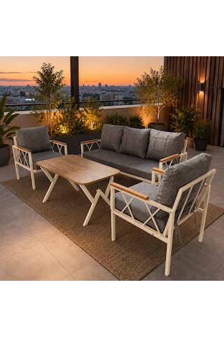 Miray Krem Metal 311 Masalı Gri Balkon Bahçe Oturma Grubu Minderli Metal Bahçe Mobilyası Takımı