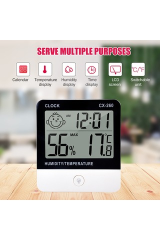 Dianziye Ev Ve Ofis İçin Ultra İnce Lcd Ekranlı Sıcaklık-nem Ölçer, Zaman Gösterimi Ve Çalar Saati, Pil Dahil Değil, Beyaz-siyah, Cx-260