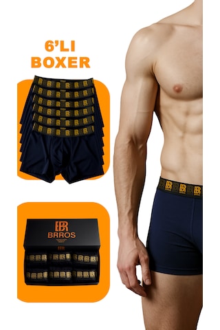 Maksfd Erkek 6 Lı Pamuklu Boxer Set Rahat Ve Esnek İç Giyim Erkek Boxer- Brros Modeli Lacivert