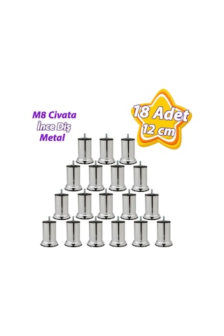 18 Adet Metal Destek Ayağı 12 Cm Krom Mobilya Kanepe Baza Koltuk Ünite Ayakları Metrik 8 Civatalı İnce Diş