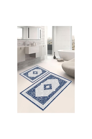 Dijital Baskı Klasik Kaymaz Taban 2li Set Banyo Paspası Klozet Takımı 50x60cm-60x100cm Mavi