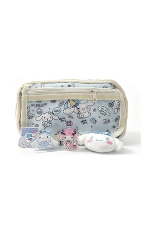 Cinnamoroll Desenli Çok Bölmeli Kalemlik - Peluş Broş-sticker-klips Hediyeli Mavi