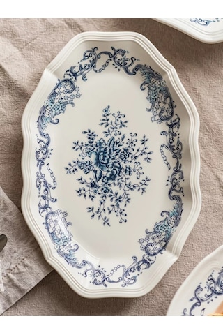Roomi Desenli Oval Seramik Tabak 23,5 16 Cm, Vintage Tarzda 202452397 Beyaz