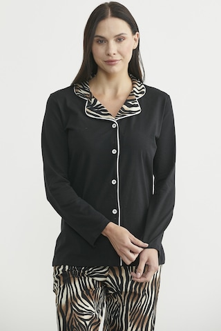 Desen Kombinli Düğmeli Pijama Takım - Siyah Siyah