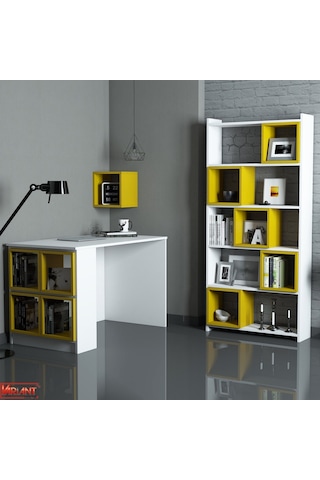 Variant Box Kitaplık Ve Çalışma Masası Takımı - Beyaz / Sarı Beyaz