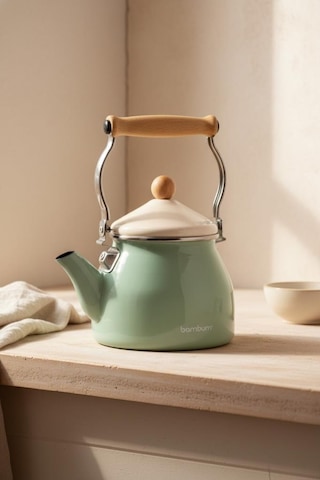 Bambum Nostalji - Ahşap Saplı Kettle Demlik Açık Yeşil Açık Yeşil