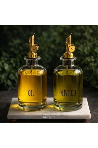 Qerhome Mermer Stantlı 2'li Gold Başlıklı Şeffaf Cam Yağdanlık Seti 500 Ml+500 Ml Oliva Glass Şeffaf