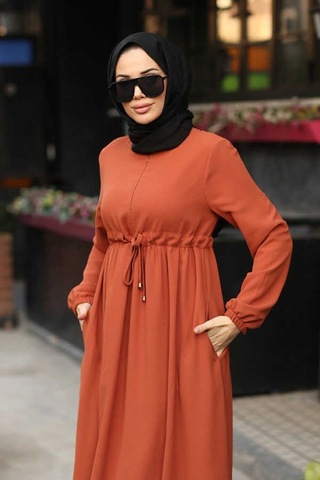 Neways 6497-Krep Süs Bağcıklı  Büzgülü  Elbise Kiremit