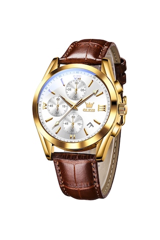 Olevs 2872 Erkekler Üç Göz Altı İğne Kronograf Su Geçirmez Kuvars Saat Beyaz + Altın