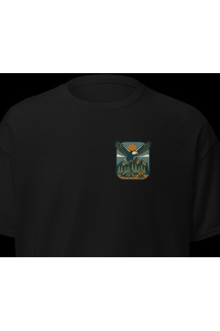 Wildstyle Kartal Renkli Vintage Yaban Hayat Doğa Dağ Rozet Baskılı Unisex Bisiklet Yaka Pamuklu Tişört Siyah