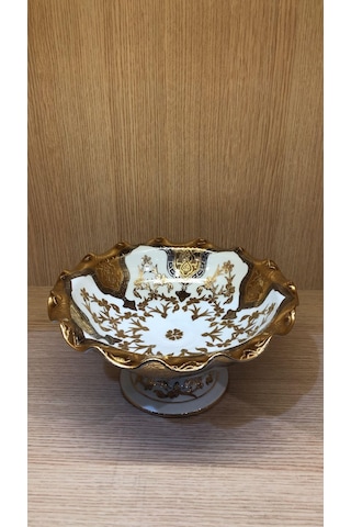 Güral Porselen El Dekoru 28 CM Ayaklı Meyvelik Altın Yaldızlı