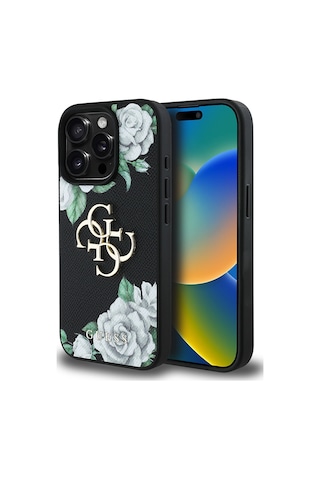 Apple Uyumlu iPhone 15 Pro Max Kılıf Guess Lisanslı Gül Baskılı Büyük Metal Logo Dizaynlı Kapak Siyah