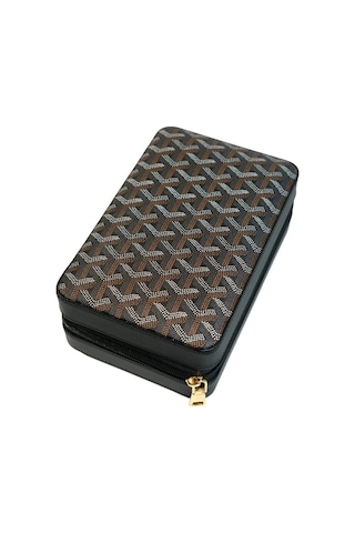 Cohiba Çakmak Kesicili Goyard Desenli Siyah Deri Puro Taşıma Çantası & Seyahat Humidoru
