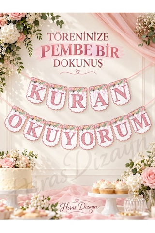 Hiras Dizayn Pembe Kuran Okuyorum İpli Banner Seti 13 Harfli Çiçek Desenli Duvar Süsü Standart