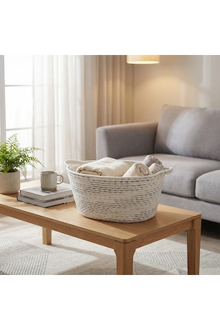 Koçtaş Pamuklu Örgü Sepet Beyaz Mavi 41 x 29 x 20 Cm Çok Renkli