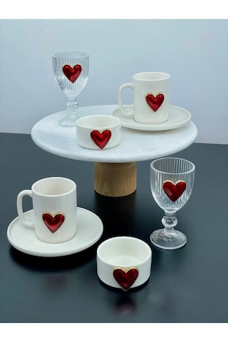 2 Kişilik Porselen Kalpli Fincan Takımı Seti Bardak Ve Lokumluk