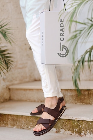 Hakiki Deri Kalın Bantlı Ortopedik Tasarım Erkek Sandalet Terlik Kahverengi