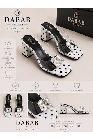 Dabab Shoes Rodın Kadın Şeffaf Bantlı Taş Tokalı Puantiye Desenli Kare Burunlu Beyaz 7 Cm Kalın Topuklu Terlik