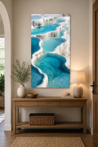 Pamukkale Travertenleri Baskılı Cam Tablo Beyaz Mavi Doğa Manzaralı Duvar Tablosu