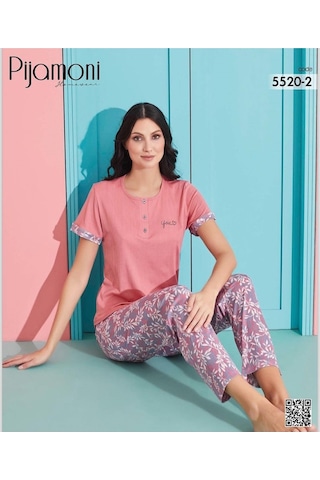 Pijamoni Kadın Viskoz Likralı Düğme Yaka Kaşkorse Patlı Kısa Kol Pijama Takımı 5520-2 / 1 Adet Pembe