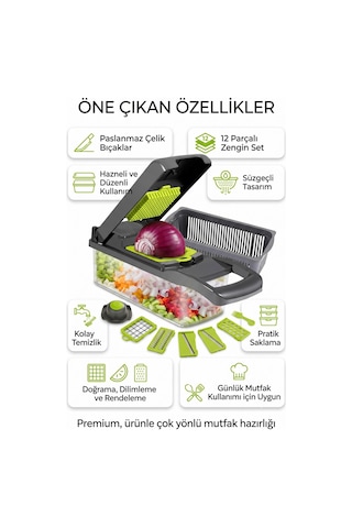 Fb-105 Çok Fonksiyonlu Doğrayıcı 12 Parçalı Sebze Doğrayıcı, Rende, Dilimleyici Ve Süzgeç Seti Siyah