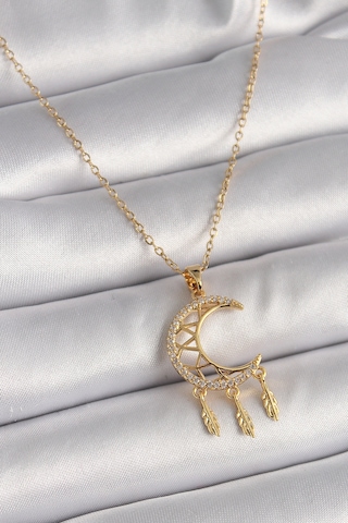 Gold Renk Zincir Zirkon Taşlı Hilal Model Sallantı Yaprak Detay Kadın Kolye - Ebj241228w30258 Bakır