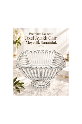 Premium Kalp Detaylı Ayaklı Cam Meyvelik 19,5 Cm Dekoratif Sunumluk Salata Kuruyemiş Çerez Servis Kasesi