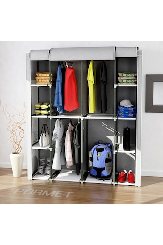 Sepet38 Teknor Metal Profil Çift Raf Çift Askılık Lüks Bez Dolap - Gri