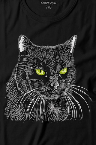 Kendim Seçtim Siyah Kedi Yeşil Gözlü Black Cat Çizim Baskılı Tişört Çocuk T-shirt 001