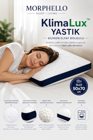 Morphello Klimalux Birinci Sınıf Klimalı Yastık 50x70 Cm 800 Gr Silikon Elyaf Dolgulu Nefes Alan Yan Spacer Makinede Yıkanabilir 4 Adet Beyaz-lacivert Spacer