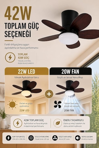 42w Tavan Vantilatörü Led Avize Armatür 64cm 5 Kanat 6 Kademeli Fan Ters Dönüş Ve Gece Lambası Modu Uzaktan Kuman