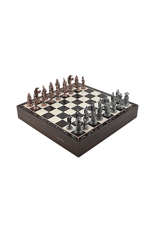 Gifthome Büyük Boy Metal Osmanlı-bizans Satranç Tk. Antik Ve Ceviz Desenli Sandıklı Mdf Tahtası 36x36 Cm.