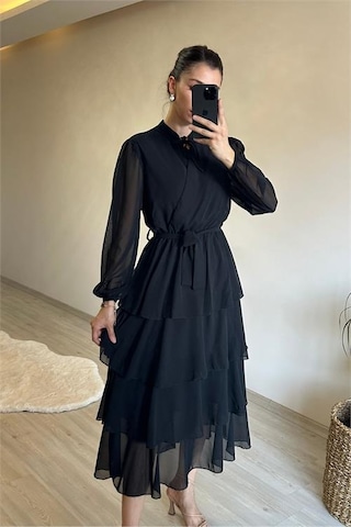 Neşeli Butik Kadın Kat Kat Volanlı Kuşaklı Midi Şifon Elbise Nm004 Siyah