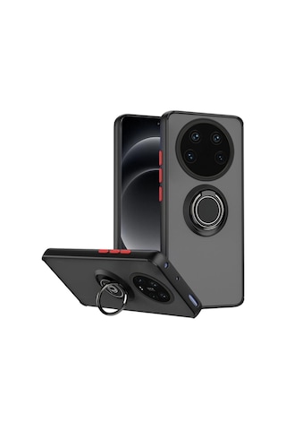 Xiaomi 13 Ultra Uyumlu Kılıf Yüzüklü Standlı Extra Darbe Koruma Sert Silikon Kapak - Siyah