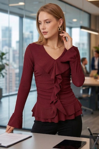 Armonika Kadın Bordo Yakası Fırfırlı Kolları Volanlı Büzgülü Bluz Arm-26k001079