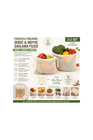Meyve Ve Sebze Filesi 2 Li Set 30 X 35 Cm Büzgülü Yıkanabilir Saklama Kesesi Organik Pamuk Ekru