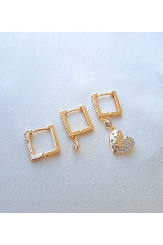 Dali Shop Kalp Detaylı Taşlı 3'lü Kombin Küpe Gold