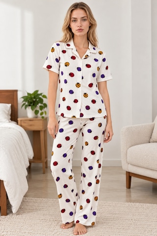 Womanandkids Night Beyaz Kadın Desenli Kısa Kollu Pijama Takımı 4828