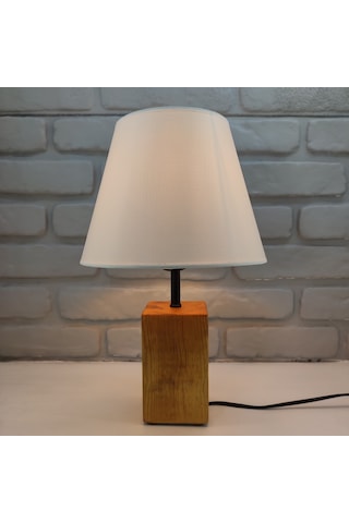 Teak Rengi Ahşap Kütük Ayaklı Beyaz Şapkalı Abajur Masa Lambası Altın