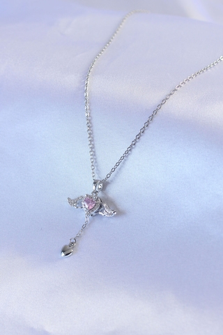 316l Çelik Gümüş Renk Kanatlı Kalp Figür Zirkon Taş Detay Kadın Kolye Gümüş