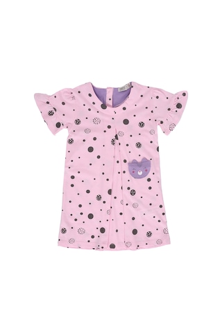 Toontoy Kids Kız Çocuk Baskılı Regular Fit Bisiklet Yaka Kısa Kollu Fırfırlı Elbise - A Pileli Pembe