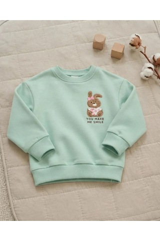 Tuffy Mint Bebek Nil Yeşili Renkli Diagonal Sweatshirt Sevimli Tavşan Nakışlı