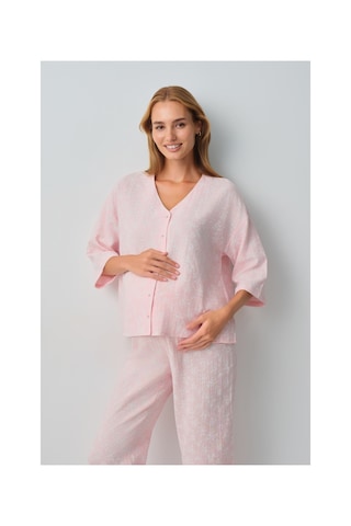 Suwen Cindy Pamuklu Hamile Lohusa Gömlek Yaka Pijama Takımı Wsh10510183334 Pembe