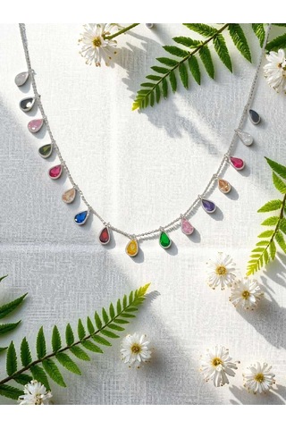 Rengarenk Damla Kesim Taşlı 925 Ayar Gümüş Kolye Şık Ve Işıltılı Tasarım Gümüş