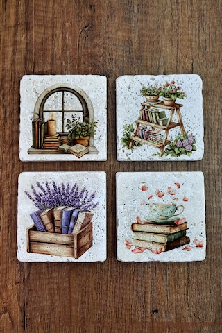 Doğal Taş Bardak Altlığı - Doğa & Kitap Temalı Stone Coasters Çok Renkli